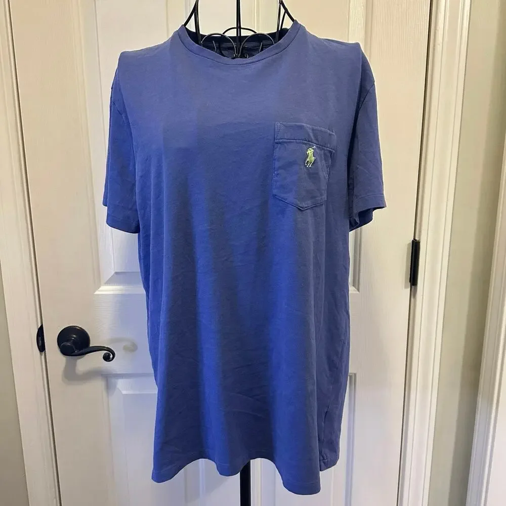 Polo Ralph Lauren T-Shirt Blue Classic Fit Pocket Lime Green Pony Mens Size M
